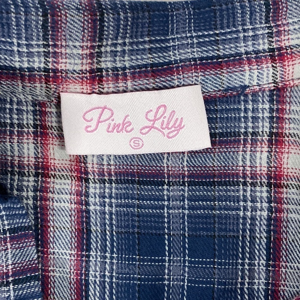 PINK LILY Plaid Elastic Waist Dress Button Down Long Sleeve Navy Red Blue - Picture 10 of 15